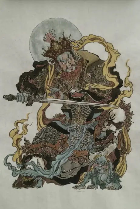 Chinese gongbi painting of a guardian figure