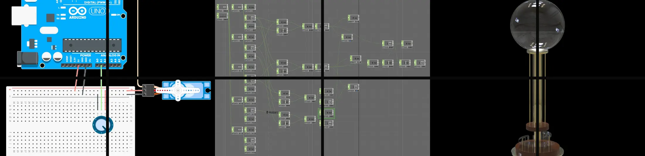 Body tracking, TouchDesigner and Arduino form a compact sensing-and-response layer behind the conceptual system