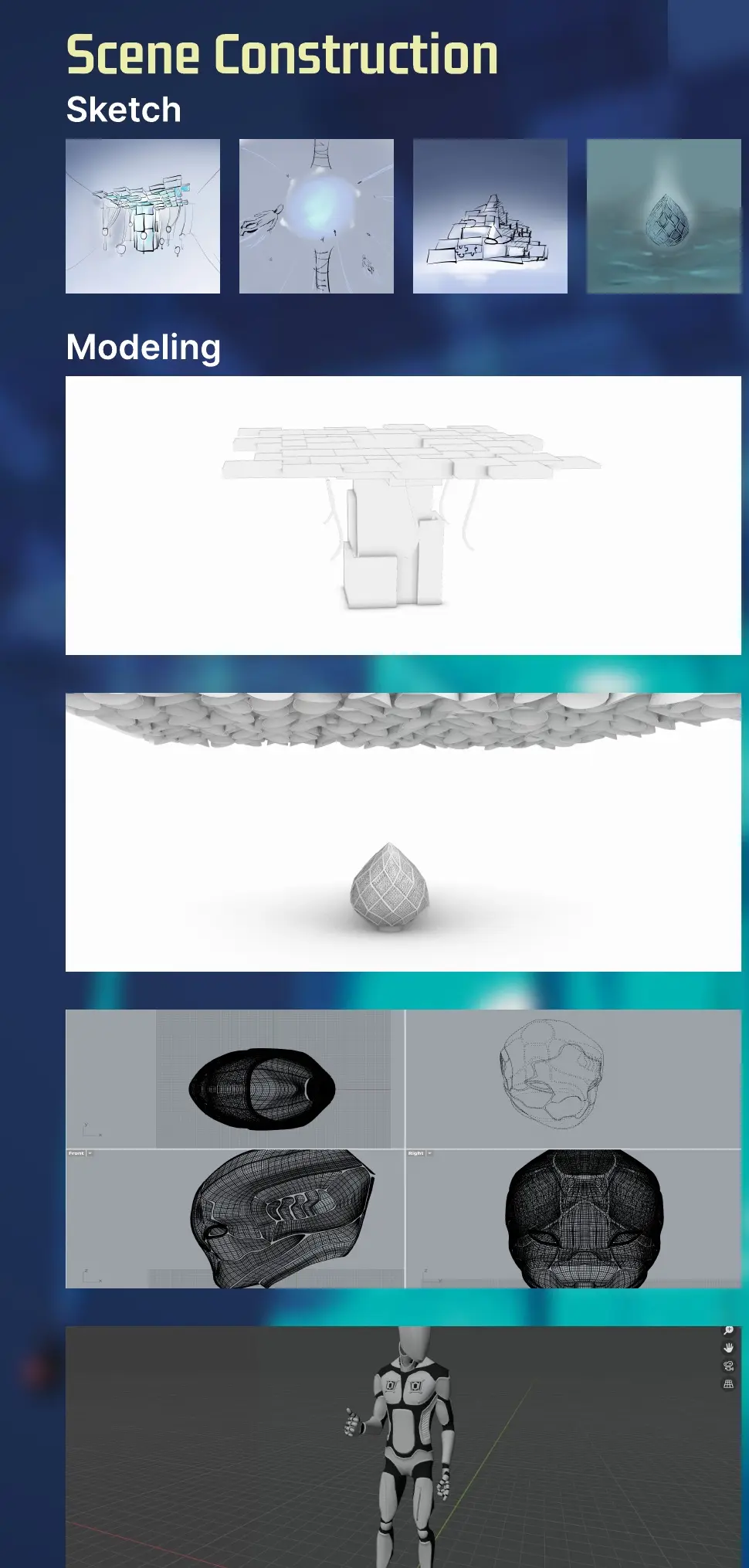 Scene construction sketches and 3D modelling studies